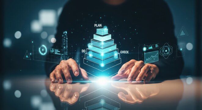 Futuristic pdca cycle hologram for business management