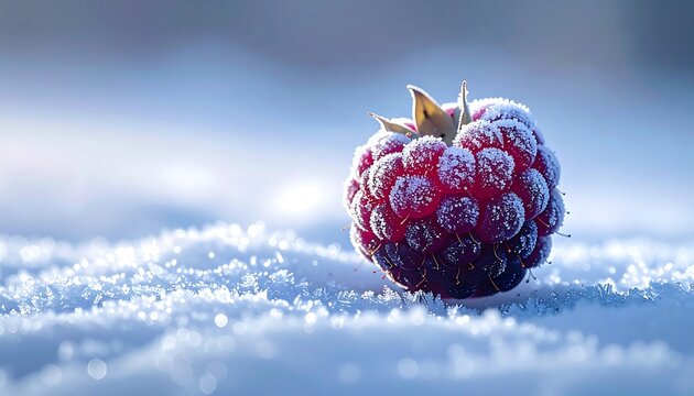 Frozen Raspberry Macro with Frost and Snow Texture
