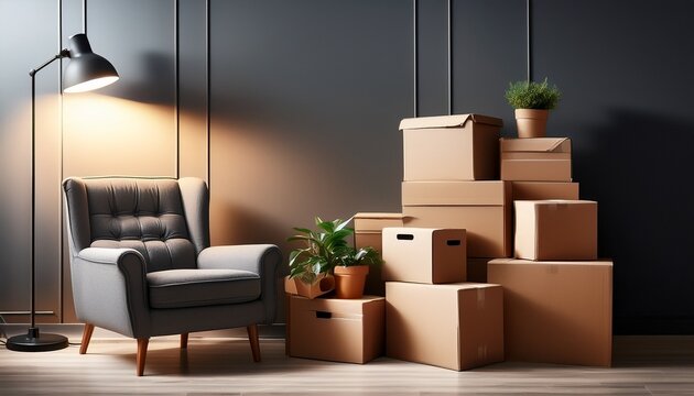 moving day organization cozy corner with an armchair lamp and stacked boxes in a dimly lit room