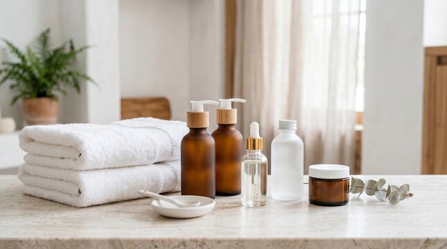Minimal Luxury Skincare Bottles in Spa Interior