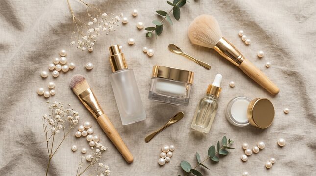 Luxury Beauty Flat Lay with Makeup and Skincare Products