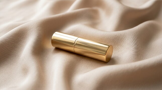 Luxury Gold Lipstick on Satin Fabric Background