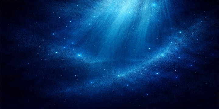 An abstract blue night sky illustration featuring a deep dark universe with a bright galaxy, outer space stars, and a fantasy science nebula