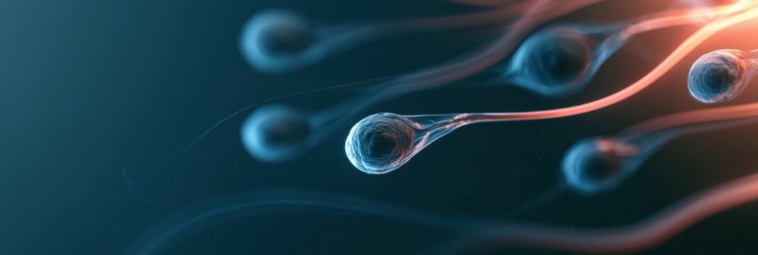 Several sperm cells are depicted in a 3D render, highlighting their acrosome and flagella against a dark background.