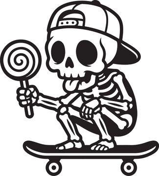 Cartoon skeleton character wearing a backwards baseball cap riding a skateboard holding a lollipop