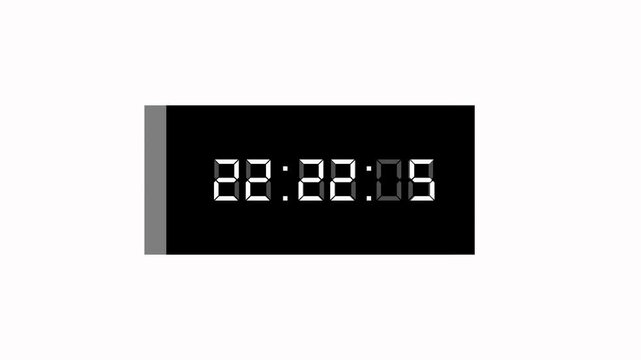 Digital clock animation with twenty four hour format. Digital clock displaying time on black. Digital clock technology interface graphic on black background.