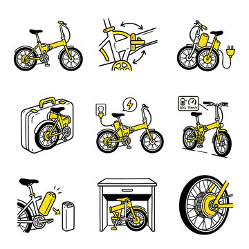 Yellow Folding Electric Bicycle Icon Set - Foldable E-bike Features Illustration