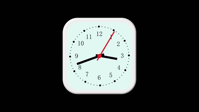 Analog clock animation with rounded square. Analog clock minimalist time display. Analog clock technology interface graphic on black background for time.