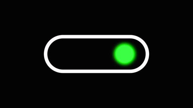 Toggle switch animation with green light. Toggle switch digital on position slider. Toggle switch technology interface graphic on black background for system.