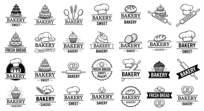Bakery and fresh bread logo collection featuring cakes cupcakes chef hats rolling pins and pretzels for pastry shop branding.