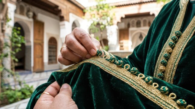Close-up of traditional Moroccan kaftan details showing handmade silk buttons and gold sfifa braiding.