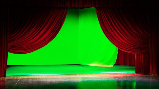 Empty theater stage with red curtains and bright green screen background for video production and performance