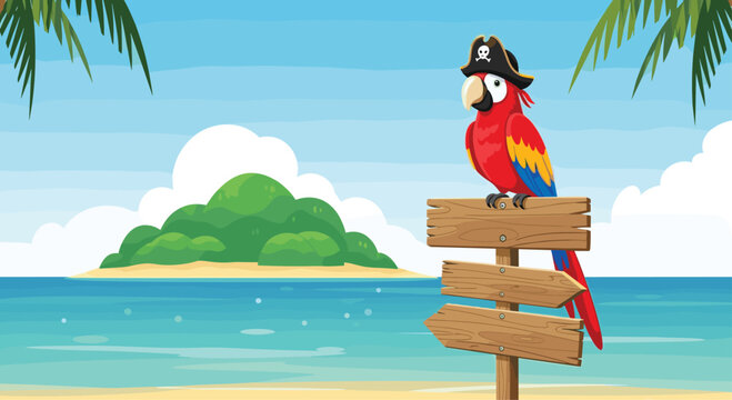 Pirate parrot character wearing hat sitting on wooden signpost at tropical beach with island and turquoise sea background.
