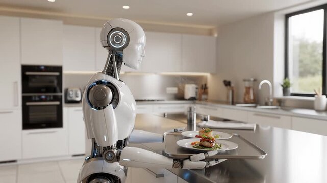 Futuristic robot serving gourmet food tray in modern kitchen with natural light and sleek design