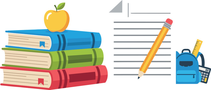 Education school illustration books stack apple pencil paper backpack flat vector learning study concept for classroom and academic design