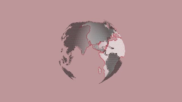 Earth globe animation with red outline. Earth globe dotted planetary visualization on pink. Earth globe global technology and geography graphic on black background.