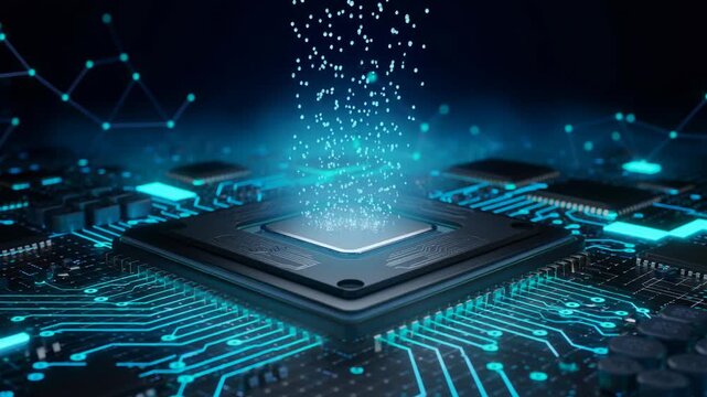 Futuristic computer microchip with glowing circuits and digital data flow in blue technology concept