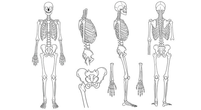 Technical anatomical drawings of the human skeleton system from front side and back views for medical study.