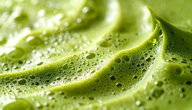 Abstract green creamy liquid swirl with foam bubbles in macro view and organic texture background