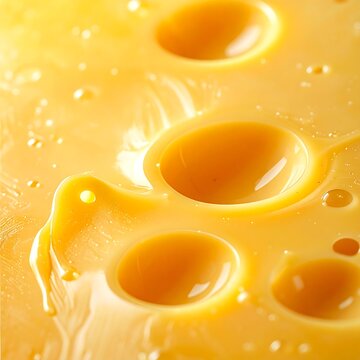 Abstract melted cheese texture with glossy holes and creamy yellow liquid background