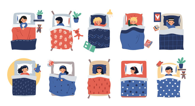 Collection of cute children in various sleeping poses in their beds with colorful blankets, pillows, toys, and books for bedtime stories.