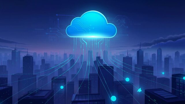 Digital cloud computing technology connecting smart city buildings with futuristic data network concept