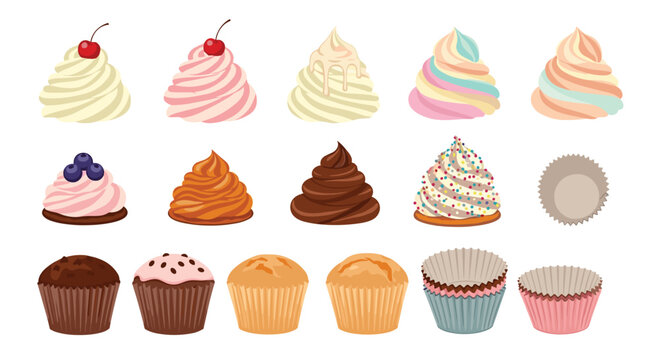 Large set of cupcake elements including muffins, various cream toppings with berries, chocolate, sprinkles, and empty paper liners for baking.