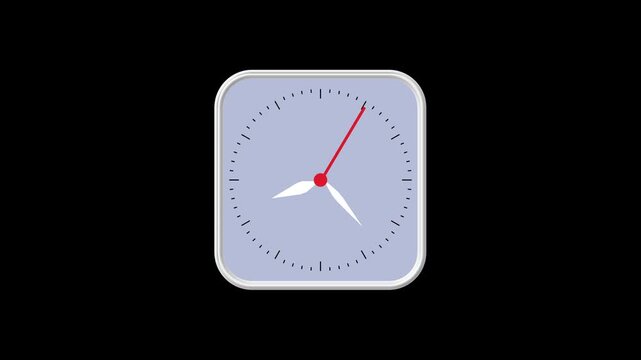 Square clock animation with red second hand. Square clock minimalist time display. Square clock technology interface graphic on black background for scheduling.