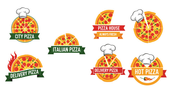 Pizza restaurant logos and delivery service badges featuring delicious pepperoni pizzas, chef hats, and colorful ribbons for food branding.
