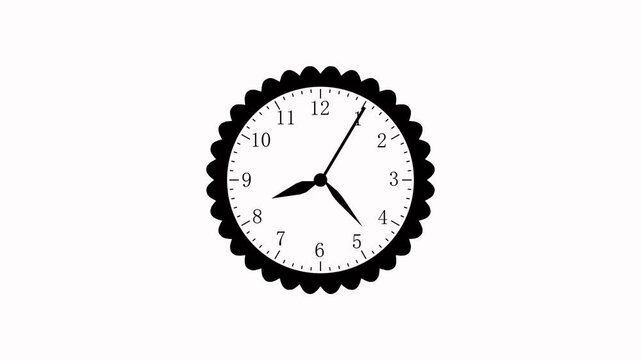 Clock face animation with scalloped edge. Clock face black hands time display. Clock face technology interface graphic on black background for scheduling.