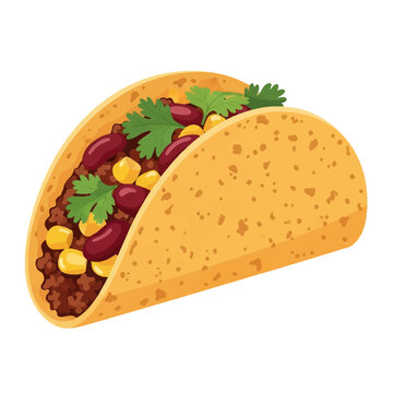 Vector illustration of a Mexican hard shell taco filled with seasoned ground beef, red kidney beans, sweet corn kernels, and fresh green cilantro leaves, isolated on white background.