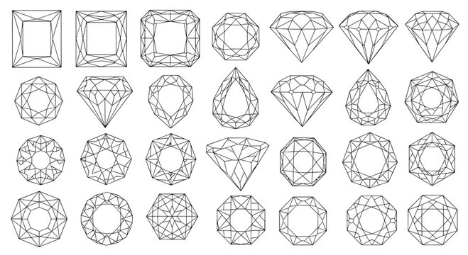 Set of various diamond and gemstone cut shapes presented as black and white technical line drawings for jewelry design and gemology.