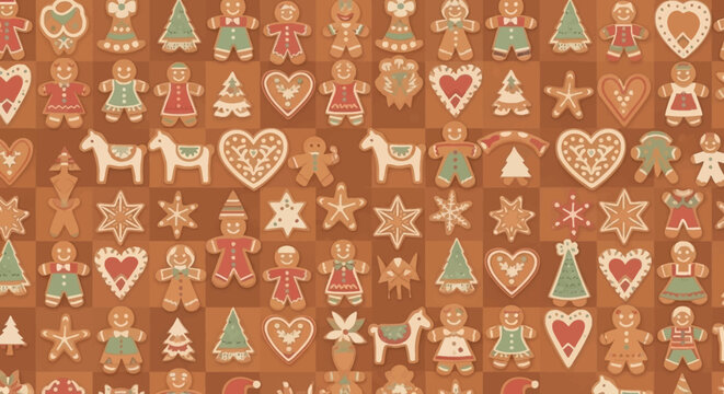 Christmas Gingerbread Cookies Pattern Background, Festive Holiday Sweet Food Shapes