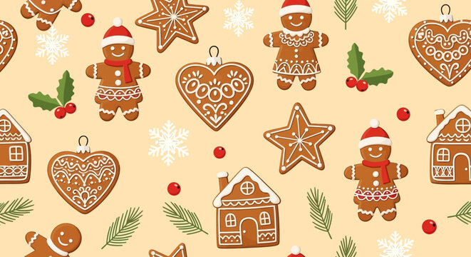 Christmas gingerbread cookies pattern, festive holiday seamless background with snowflakes and holly