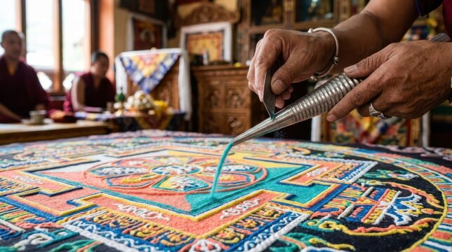 Meticulous creation of a traditional Tibetan sand mandala featuring vibrant colors and geometric precision.
