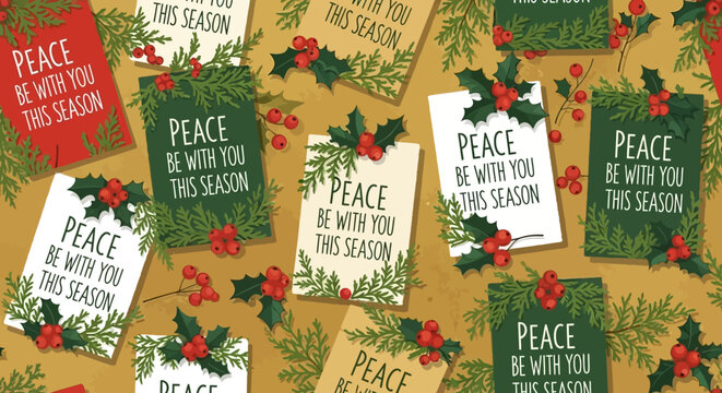 Christmas Greeting Cards Pattern: Peace Be With You This Season, Holly and Pine