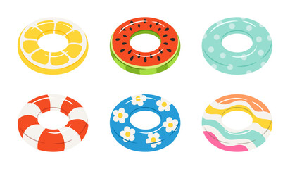 Inflatable swim rings set for pool party. Colorful rubber swimming floats with fruit, floral, striped and polka dot patterns for summer vacation isolated on transparent background. © Mila