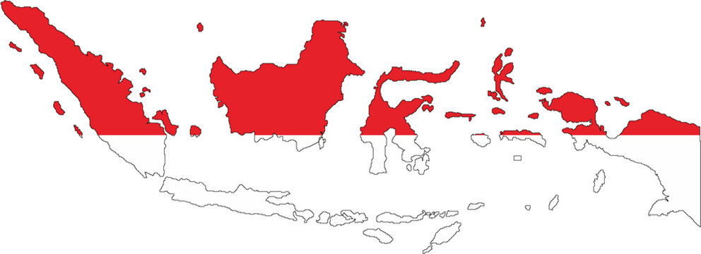 Indonesia map silhouette with red and white national flag colors isolated on white background.