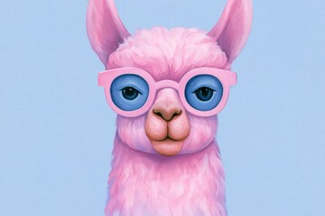 Obraz premium Cute pink llama wearing glasses poses against a blue background