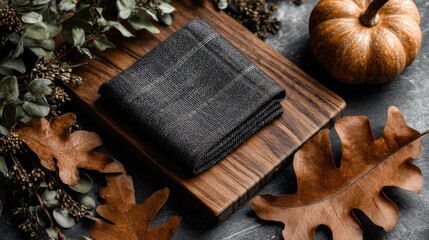 Fototapeta premium Elegant Dark Textile Folded on Wooden Board Surrounded by Autumn Leaves and Decorative Pumpkin