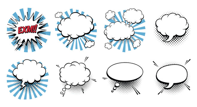 Collection of various blank comic speech bubbles and explosive thought clouds in a retro pop art style with halftone dot effects.