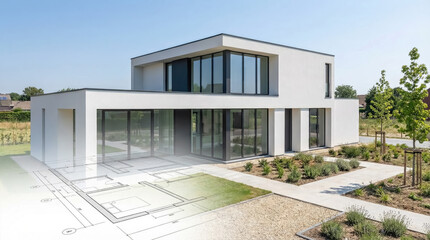 Fototapeta premium Architectural house with a white building exterior and a transparent floor plan blueprint overlay, showing a suburban home with landscaping