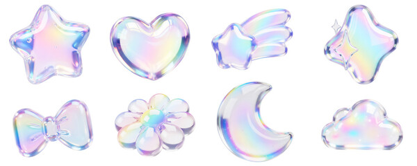 Fototapeta na wymiar ホログラム風ぷっくり3D透明パーツセット,虹色の幻想的なアイコン集,Y2Kデコレーション素材,オーロラカラーの星とハート