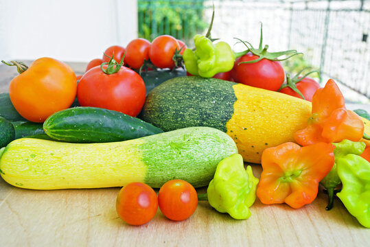 Multicolored tomatoes, cucumbers, Bishops Crown chili and Zephyr squash rest on a wooden table. Portrays backyard harvest, mindful nutrition habits, and comforting seasonal food preparation themes.