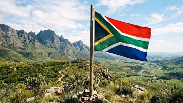 Static shot of south african flag waving on wooden pole atop mountain ridge overlooking winding valley landscape