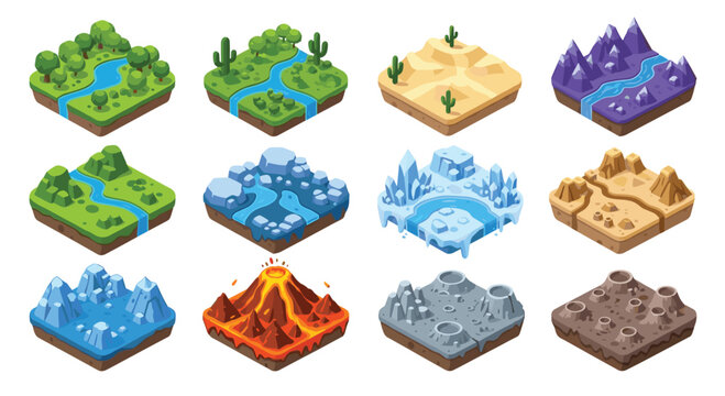 Collection of isometric world map tiles representing various biomes like forest desert mountains volcano and lunar landscape.