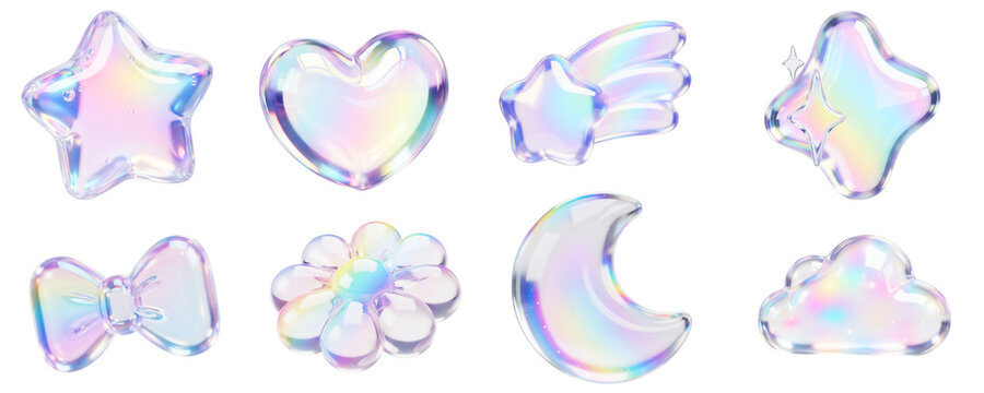 ホログラム風ぷっくり3D透明パーツセット,虹色の幻想的なアイコン集,Y2Kデコレーション素材,オーロラカラーの星とハート
