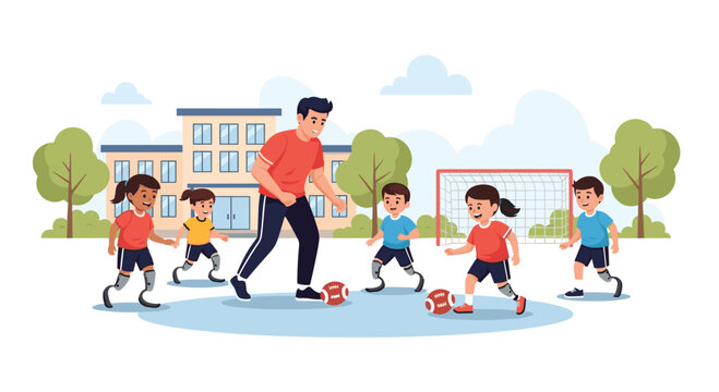 Inclusive sports scene featuring children with prosthetic limbs playing soccer together with a supportive coach on a field.