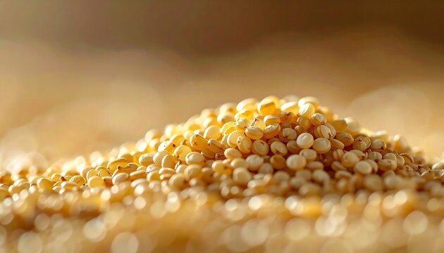 Close-up of a pile of raw yellow millet grains with warm blurred bokeh background