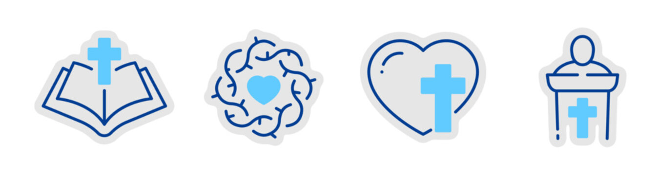Christian icons representing faith care and church services. Editable stroke